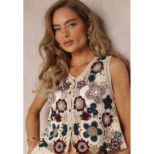 Damen Häkelweste mit floralen Stickereien und offenen Vorderseite EB