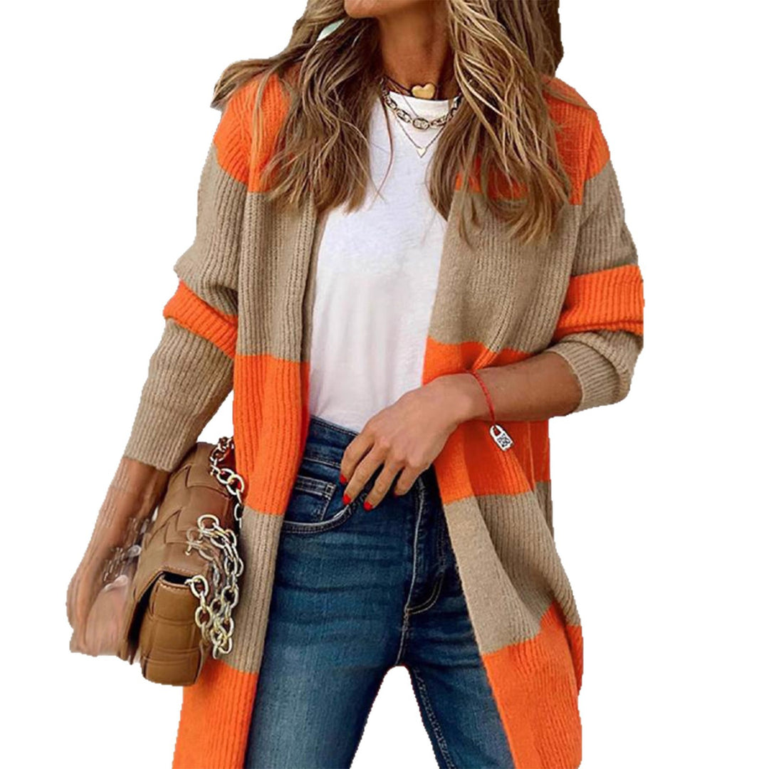 Damen langärmeliger Strickcardigan mit modischem Blockstreifen EB