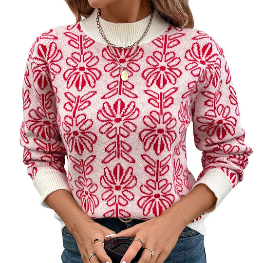 Damen Strickpullover mit floralen Mustern und elegantem Stehkragen EB