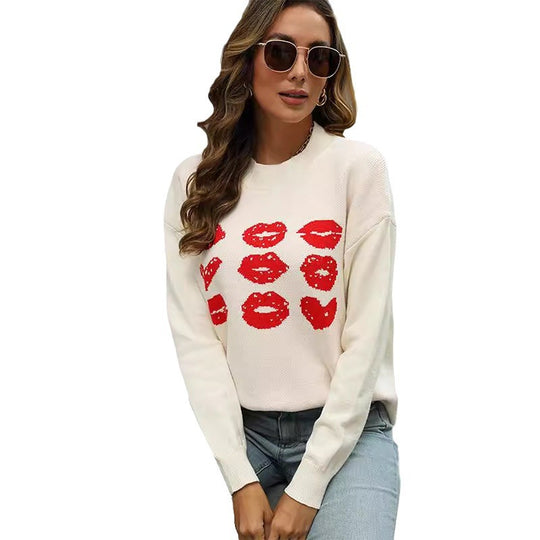 Damen Strickpullover mit glitzerndem Lippen-Motiv EB