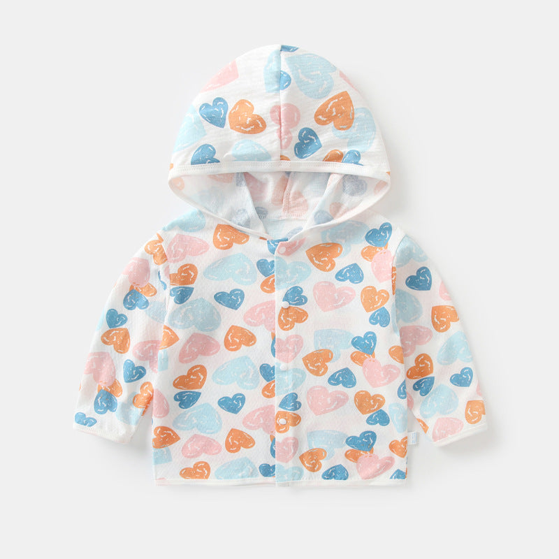 Unisex nan leichte Kapuzenjacke aus Baumwolle für Babys mit ganzflächigem Herzdruck und Druckknopfverschluss EB