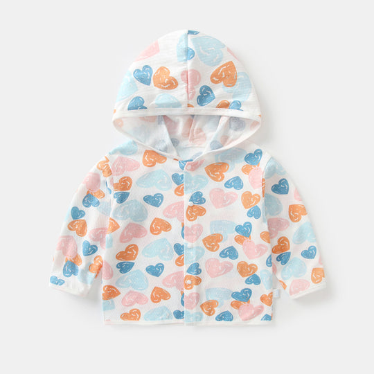 Unisex nan leichte Kapuzenjacke aus Baumwolle für Babys mit ganzflächigem Herzdruck und Druckknopfverschluss EB