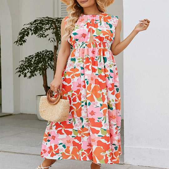Damen Maxikleid mit floralem Design und elastischem Taillenband EB