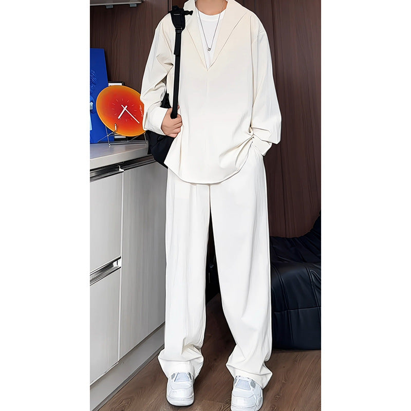 Herren nan locker geschnittenes zweiteiliges Freizeitset mit tiefem V-Ausschnitt Overshirt und weitem Bundfaltenhose EB