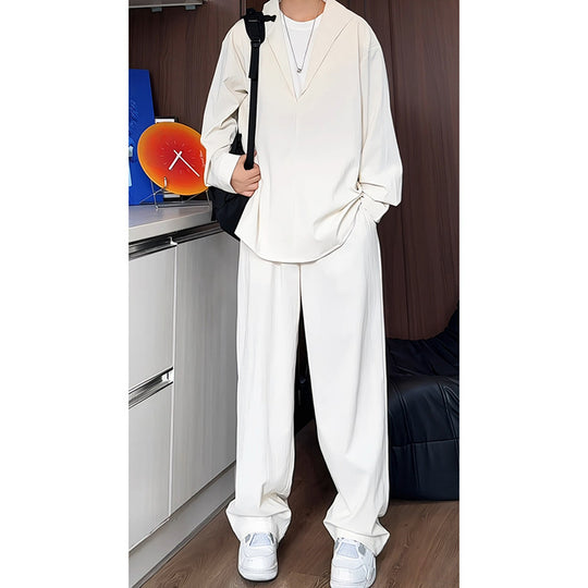 Herren nan locker geschnittenes zweiteiliges Freizeitset mit tiefem V-Ausschnitt Overshirt und weitem Bundfaltenhose EB