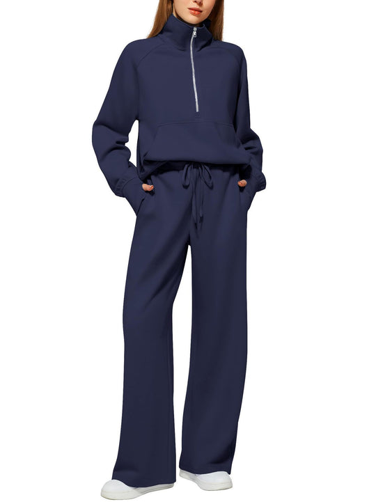 Damen nan halbzip Lounge-Set mit hohem Stehkragen, Kängurutasche und weiten Highwaist-Jogginghose EB