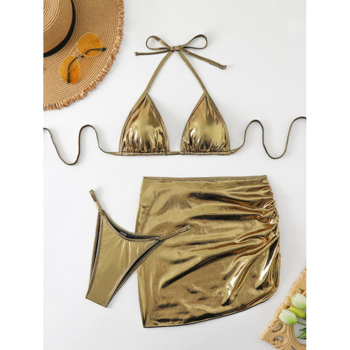 Damen Glänzender Triangel-Bikini mit Raffung und verspieltem Rock EB