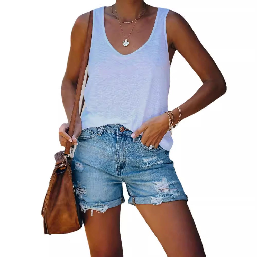 Damen Jeansshorts im lässigen Destroyed-Look mit umschlagenem Saum und hoher Taille EB