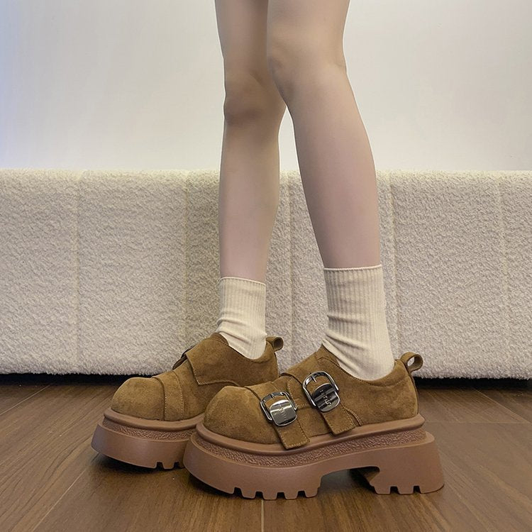 Damen modische Schnürschuhe mit klobiger Gummisohle und auffälligen Schnallen EB