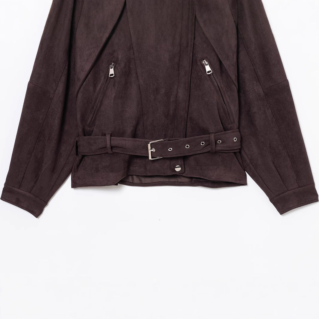 Damen Elegante Wildlederjacke mit modischen Schnallen und praktischen Taschen EB