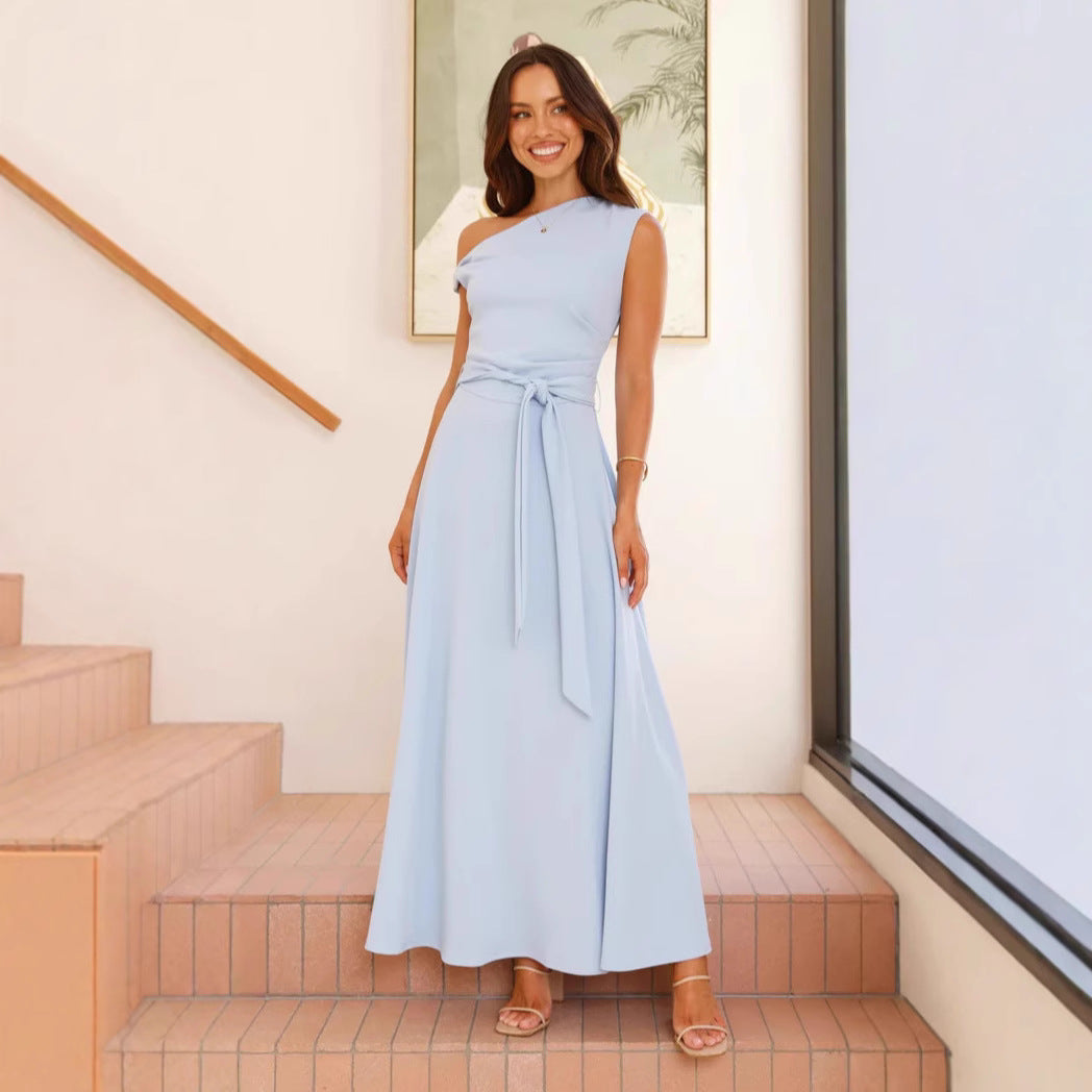 Damen Maxikleid mit schickem asymmetrischen Ausschnitt und eleganter Schleife EB