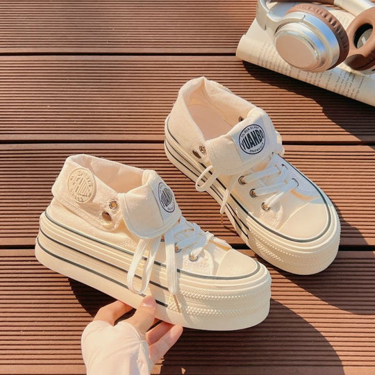 Damen Hochplatform Sneakers mit modischem Stoff-Obermaterial und lockerer Schnürung EB