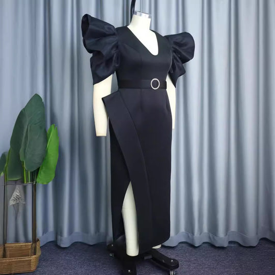 Damen Elegantes Abendkleid mit voluminösen Puffärmeln und einem stilvollen Gürtel EB