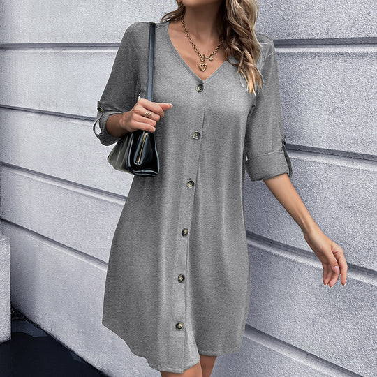 Damen lässiges Knopfkleid mit V-Ausschnitt und 3/4-Ärmeln EB