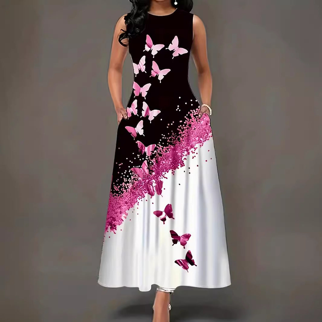 Damen Maxikleid mit buntem Schmetterlingsdruck und fließendem Saum EB