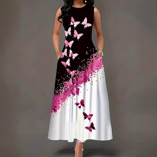 Damen Maxikleid mit buntem Schmetterlingsdruck und fließendem Saum EB