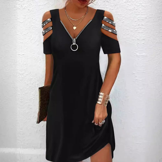 Damen lässiges Kleid mit V-Ausschnitt und Reißverschluss EB