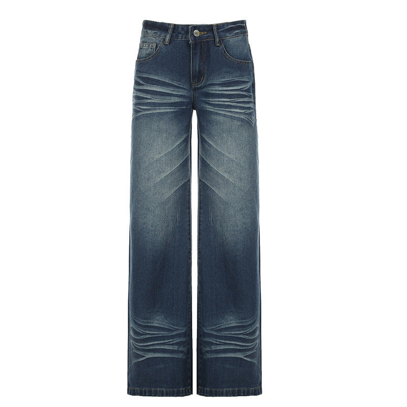 Damen Weite Jeans im Vintage-Stil mit hohem Bund und modischen Steppnähten EB