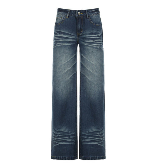 Damen Weite Jeans im Vintage-Stil mit hohem Bund und modischen Steppnähten EB