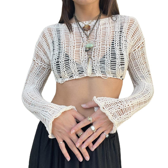 Damen gehäkeltes Crop-Top mit offenen Ärmeln und lässigem Design EB