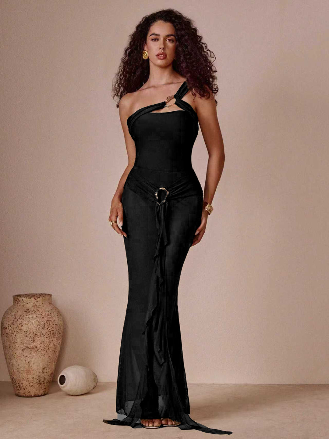 Damen Elegantes One-Shoulder Maxikleid EB