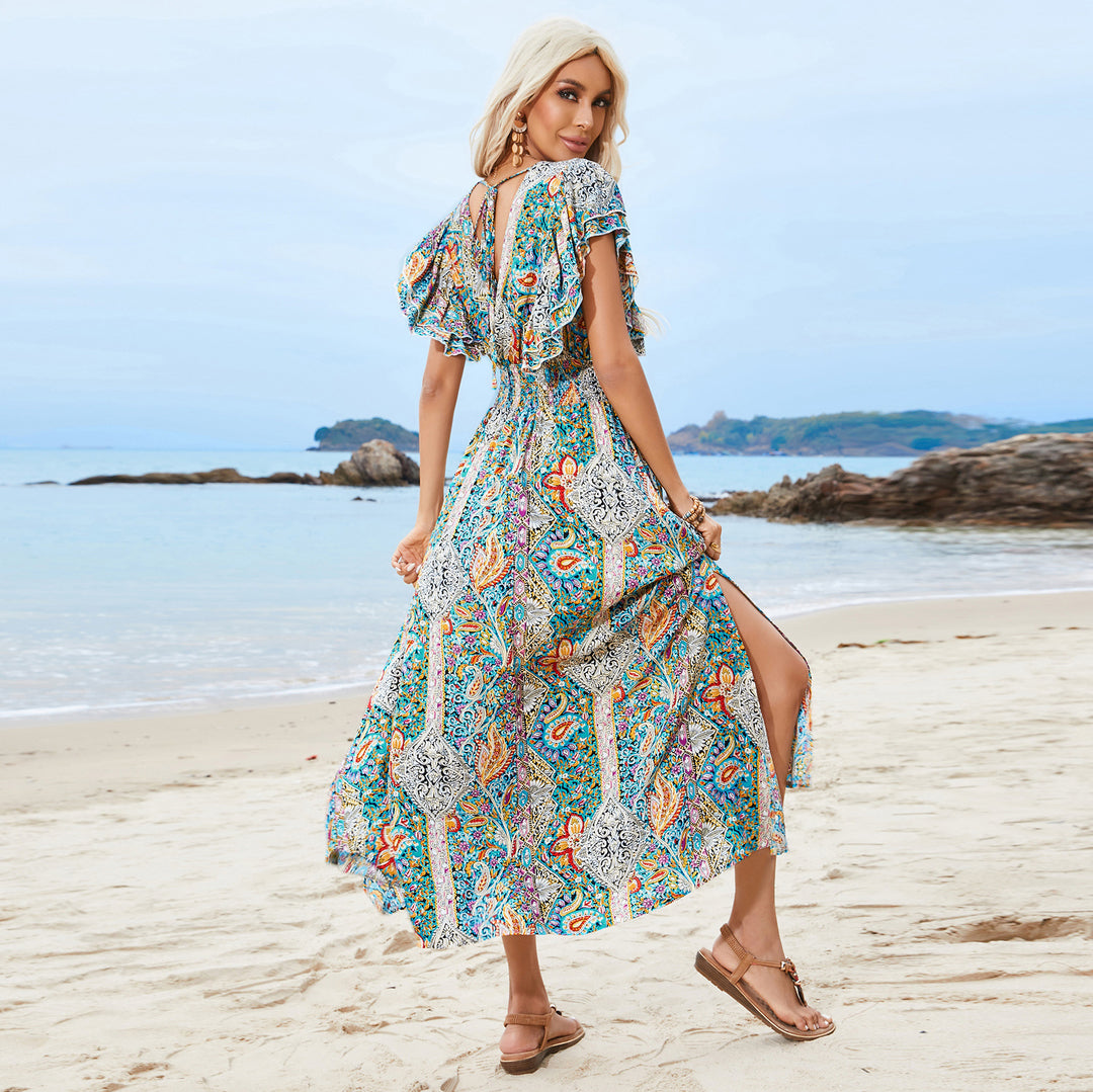 Damen Maxi-Kleid mit voluminösen Ärmeln und Paisley-Muster EB