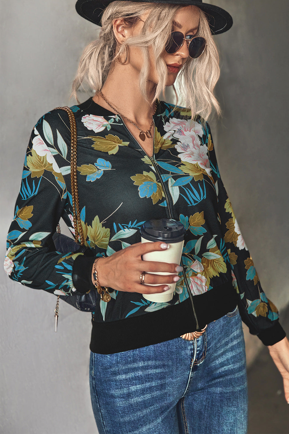 Damen Blütenmuster Freizeitjacke mit Reißverschluss und elastischen Bündchen EB