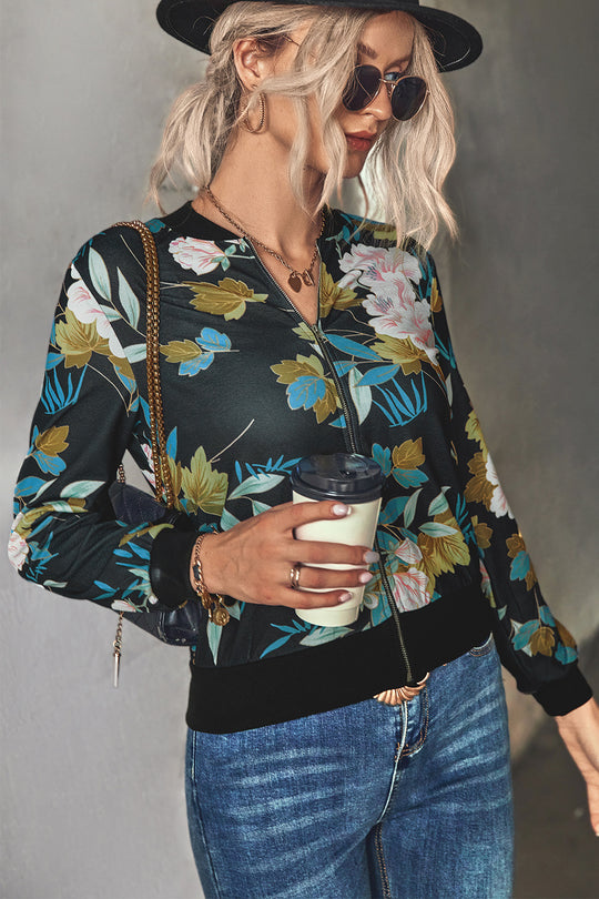 Damen Blütenmuster Freizeitjacke mit Reißverschluss und elastischen Bündchen EB