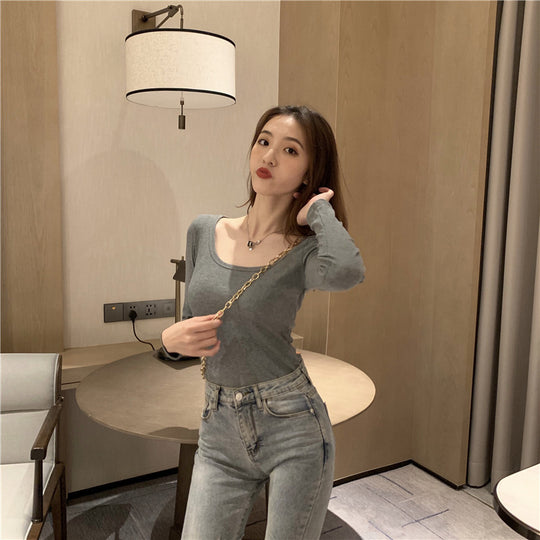 Damen Langarm-Bodysuit mit tiefem Ausschnitt und figurbetontem Schnitt EB