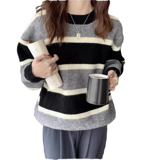 Damen Grob gestrickter Pullover mit Blockstreifenmuster und lässigem Schnitt EB