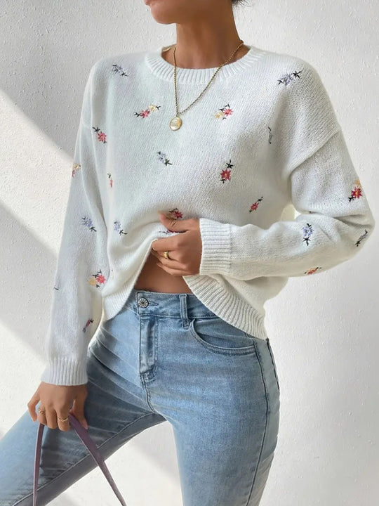 Damen kuscheliger Strickpullover mit floralem Motiv EB