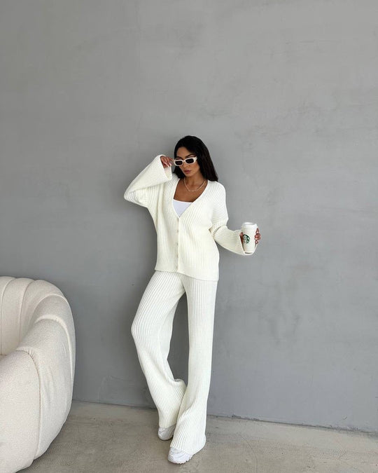 Damen Gerippter Strick‑Zweiteiler mit Oversized‑Cardigan und High‑Waist‑Sweathose EB