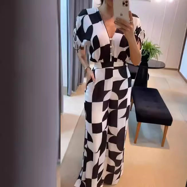 Damen Modischer Jumpsuit mit grafischem Muster und eleganten Ärmeln EB