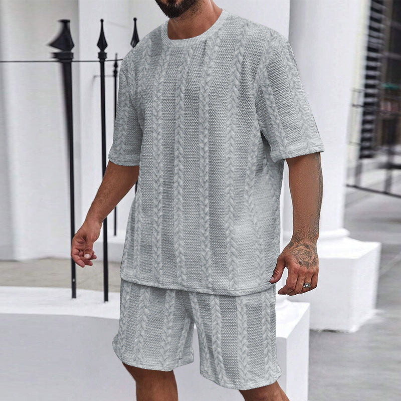 Herren nan entspanntes Zopfstrick-Freizeitset mit weitem Kurzarmshirt und elastischer Bermuda EB