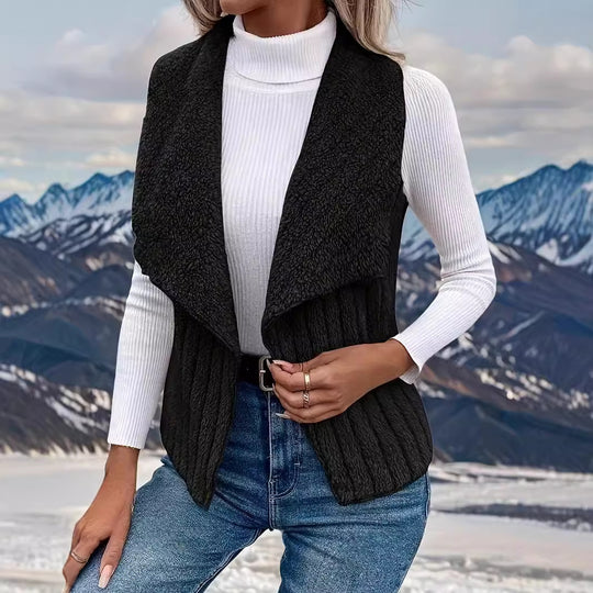 Damen nan kuschelige ärmellose Teddy-Fleece-Weste mit großem Schalkragen und strukturierter Rippenoptik EB