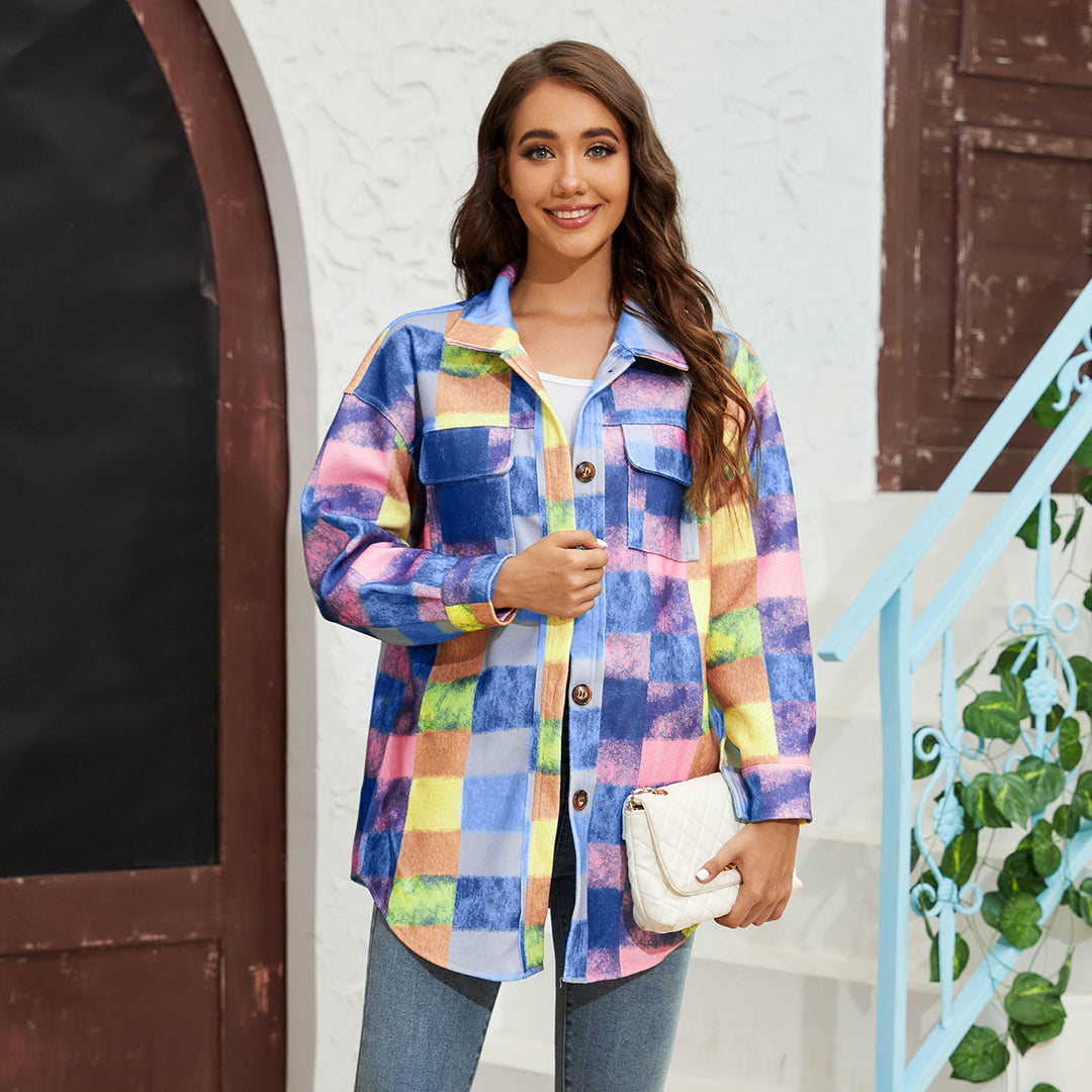 Damen Karierte Flanelljacke mit praktischen Taschen und oversize Schnitt EB