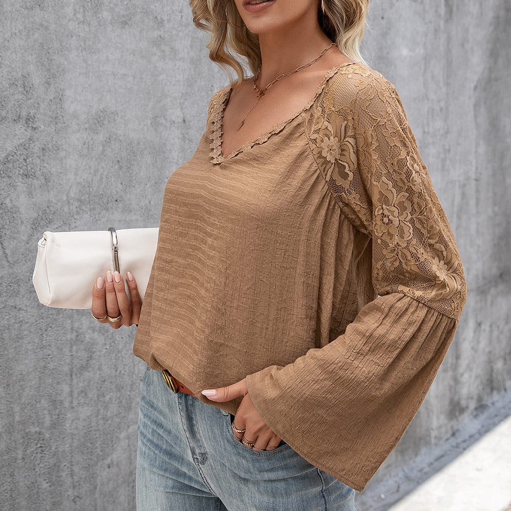Damen Bluse mit transparenten Spitzenärmeln und modischem V-Ausschnitt EB
