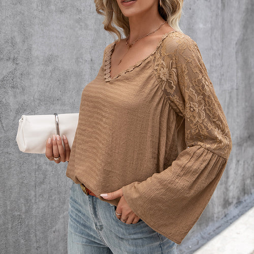Damen Bluse mit transparenten Spitzenärmeln und modischem V-Ausschnitt EB