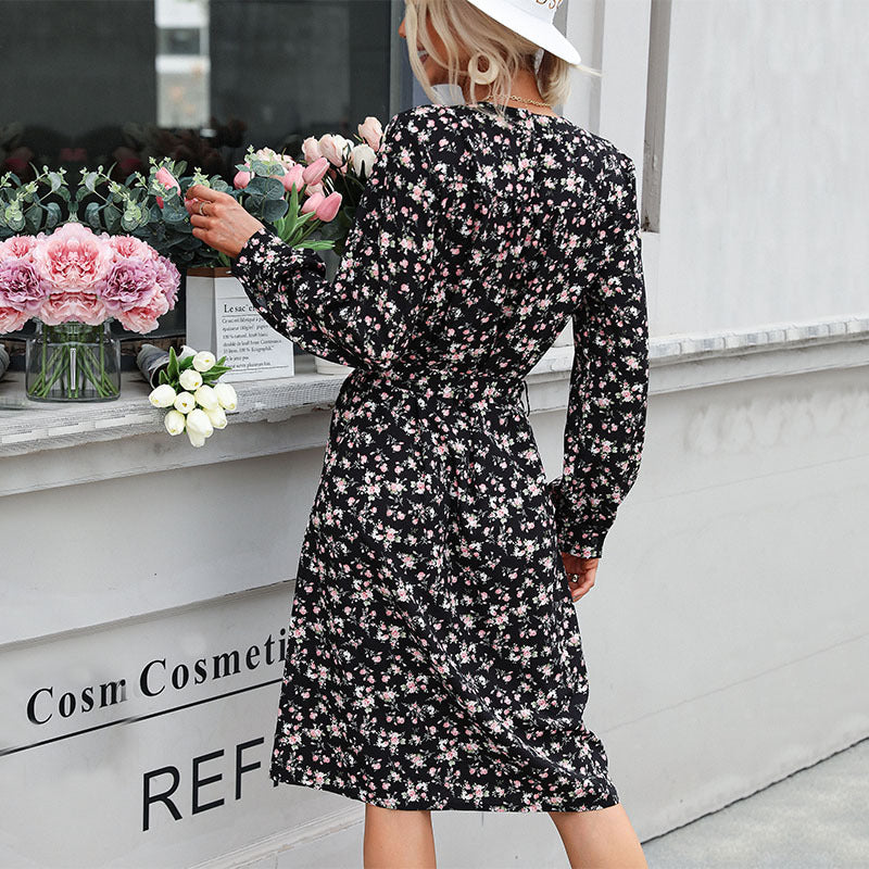 Damen Midi-Kleid mit floralem Design und taillierbarem Gürtel EB