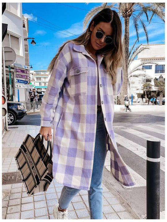 Damen Karierte Overshirtjacke mit Brusttaschen EB