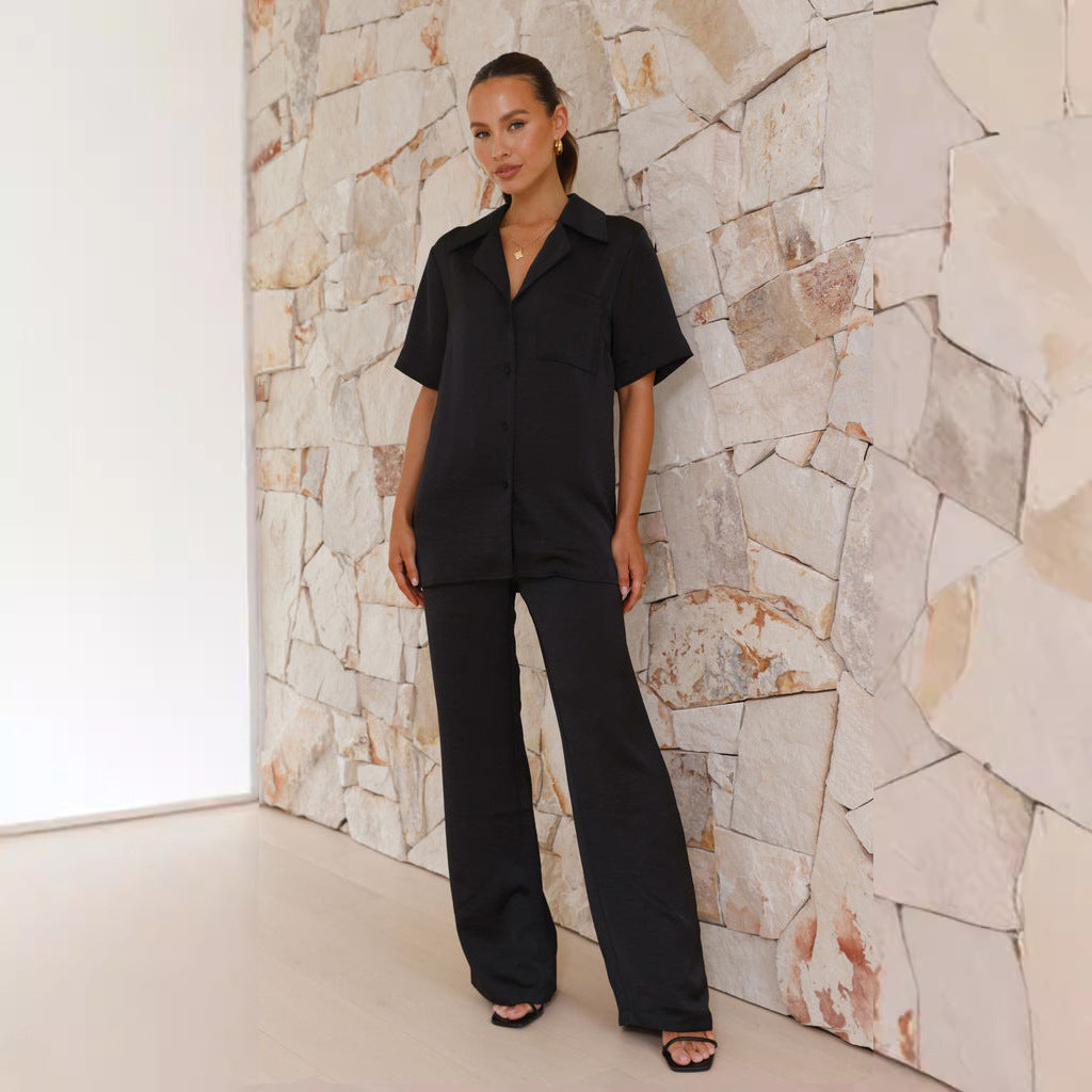 Damen Elegantes Satin-Pyjama-Set mit klassischem Kragen und bequemen weit geschnittenen Hosen EB