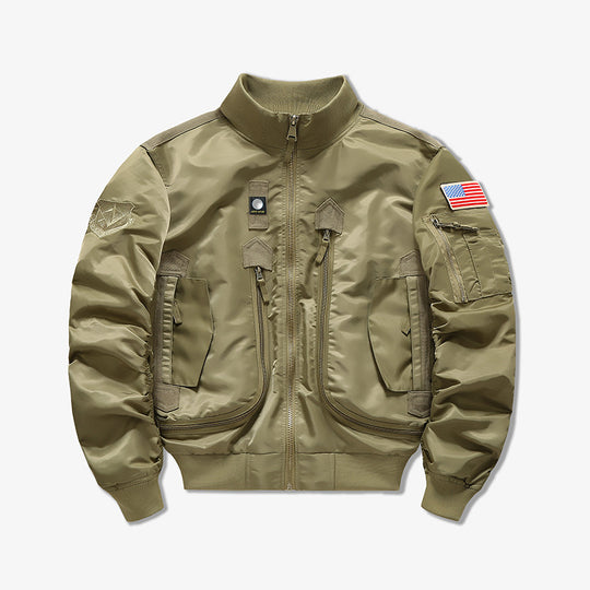 Men's  tactical flight bomber jacket with multiple angled zip and flap pockets EB