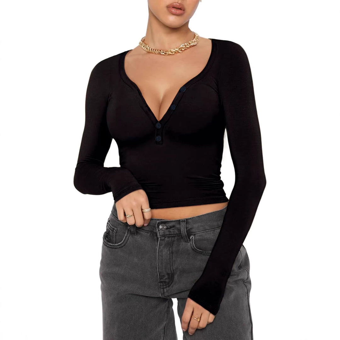 Damen nan figurbetontes geripptes Longsleeve mit Henley-Knopfleiste und tiefem V-Ausschnitt EB