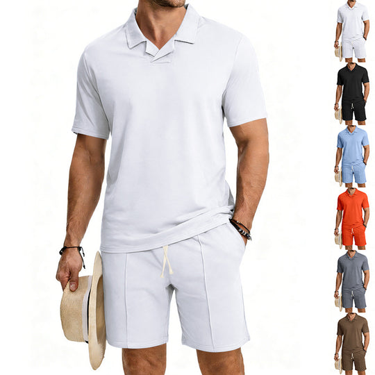 Herren nan kurzärmeliges Polo-Lounge-Set mit V-Einsatz am Kragen und Kordelzug-Bermuda EB