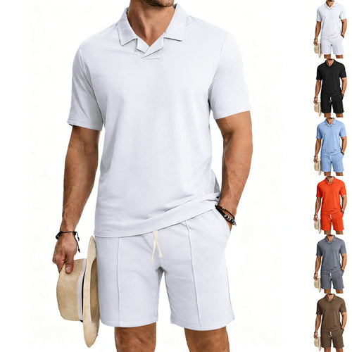 Herren nan kurzärmeliges Polo-Lounge-Set mit V-Einsatz am Kragen und Kordelzug-Bermuda EB