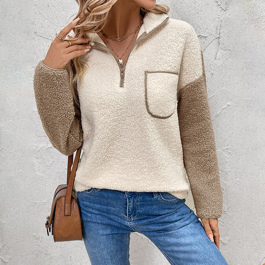 Damen Teddy-Fleece-Pullover mit halbem Reißverschluss, Kontrastärmeln und Brusttasche EB
