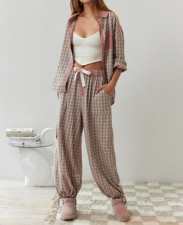 Damen lässiges Komplettset mit Karomuster aus weichem Material EB
