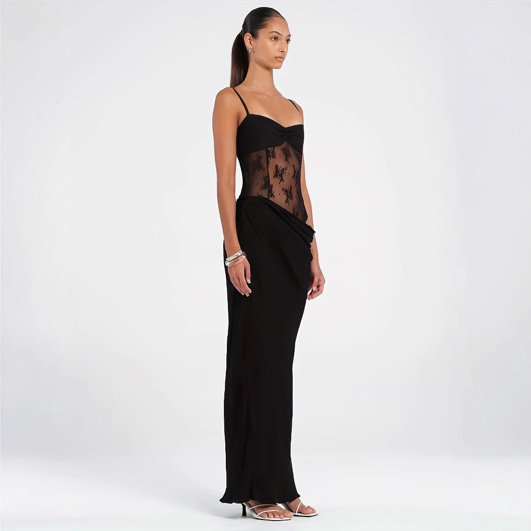 Damen Elegantes Maxikleid mit transparenten Spitzendetails und figurbetontem Schnitt EB
