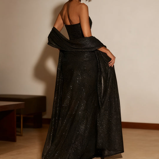 Damen Strapless Glamour Kleid mit eleganten Schals EB