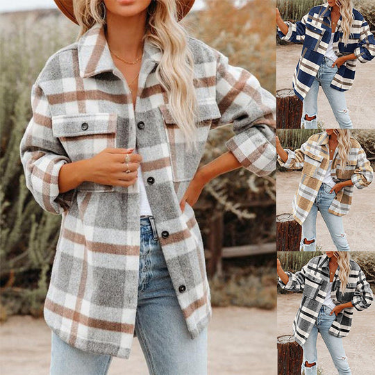 Damen Karierte Flanelljacke mit Lässigem Schnitt und Aufgesetzten Taschen EB